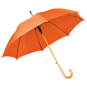Зонт-трость с деревянной ручкой, полуавтомат; оранжевый; D=103 см, L=90см; нейлон; шелкография