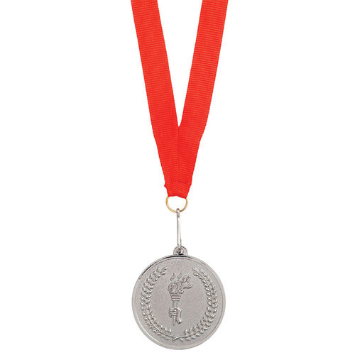 Медаль наградная на ленте Серебро; 48 см., D=5см.; текстиль, металл; лазерная гравировка, шелкогра